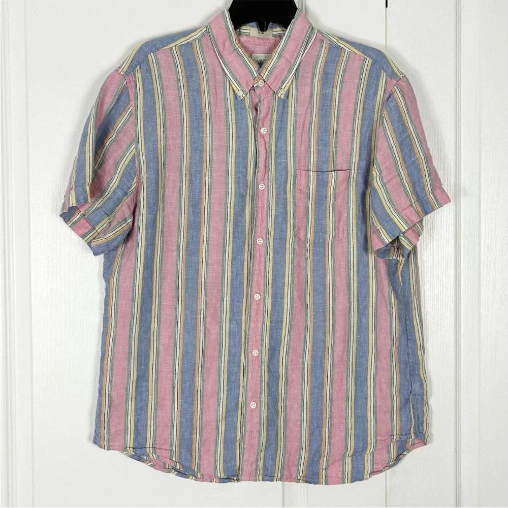 Nwot J Crew Multi Striped Irish Linen Short Sleeve Shirt Men’s L Baird McNutt